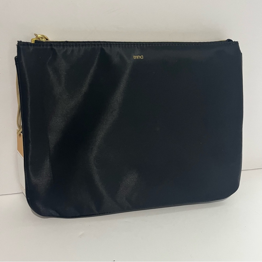 TRINA Clutch Purse Black Nylon Gold Zipper Hardware Organizer Purse NWT